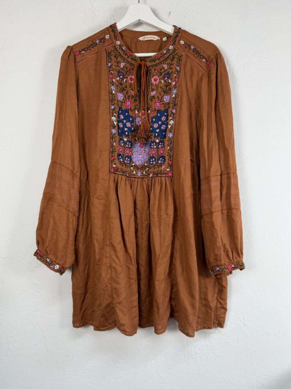 Soft Surroundings Brown Embroidered Tunic Peasant Top Boho Tassel Floral 1X